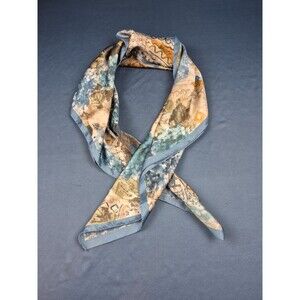 Vtg Women's Scarf Silk Blue Floral Brown Urn Pattern Square 34x34 Retro Chic‎